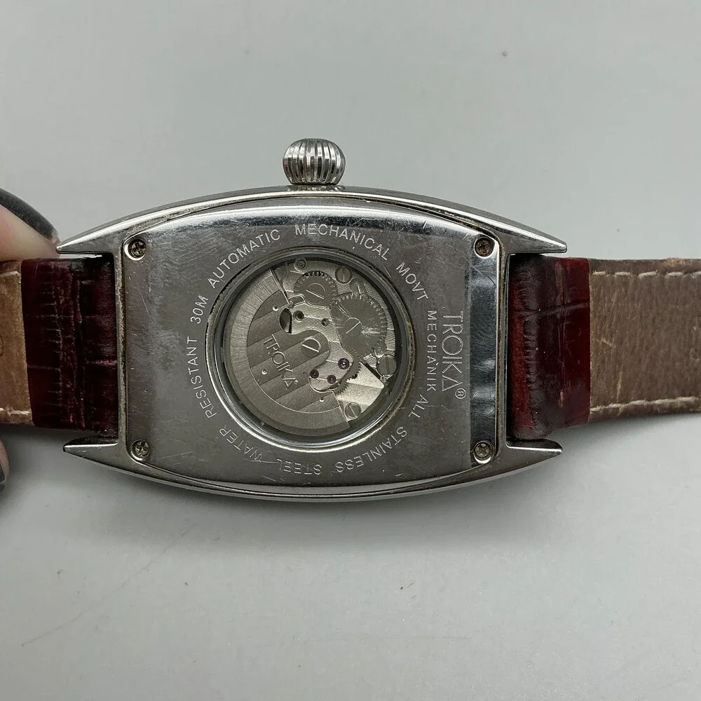 Troika Mens Watch 35mm Silver Tone Brown Leather Automatic For Parts Not Running